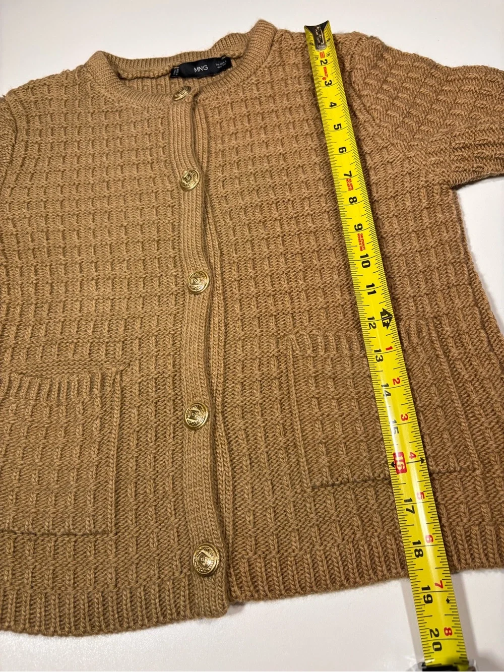 Mango Tan Chunky Knit Wool Blend Cardigan Gold Buttons Size Small